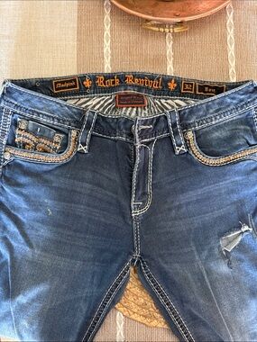 Rock Revival Women’s Dark Blue Boot Cut Jeans with Embroidered Pockets